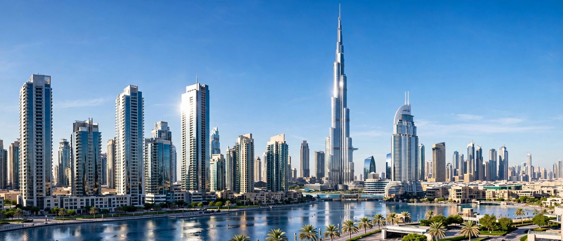 Dubai skyline with Burj Khalifa in bright daylight
