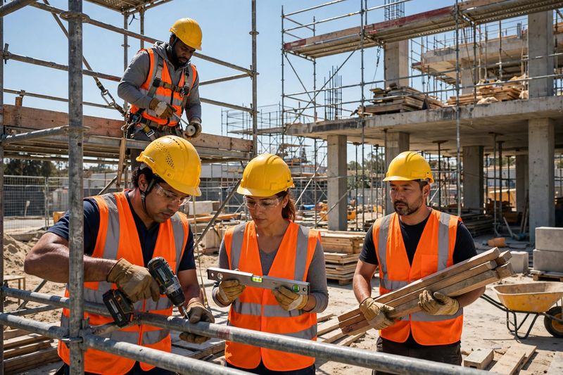Construction workers in safety helmets on a bright building site