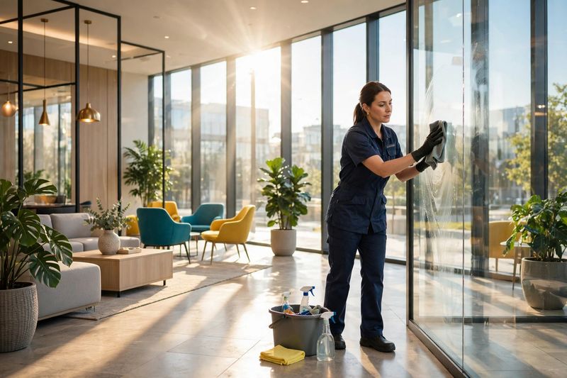 Cleaner at work in a bright modern office lobby