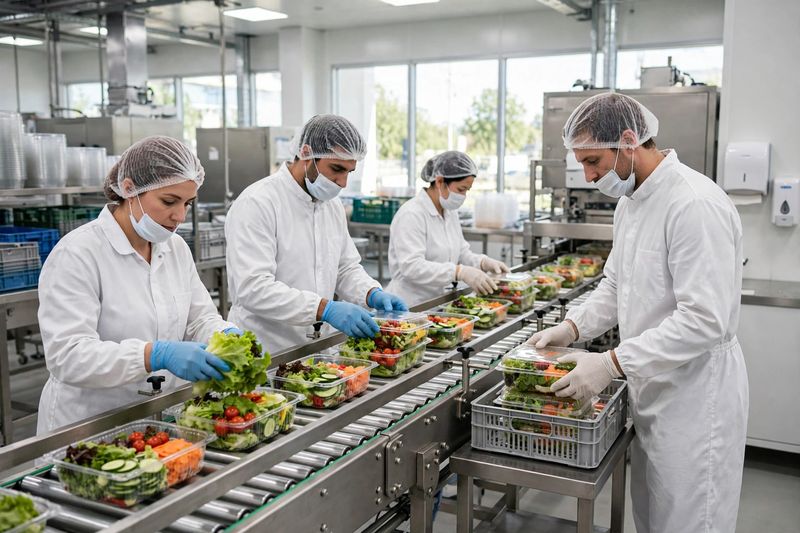 Workers packaging food in a bright modern factory