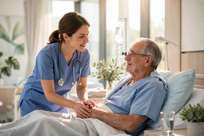 Nurse assisting a patient in a bright modern hospital