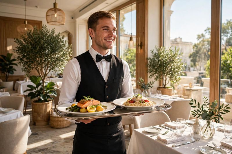 Hotel waiter serving in a bright elegant restaurant