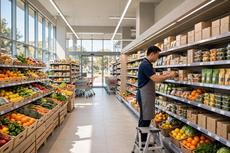 Staff arranging shelves in a bright modern supermarket