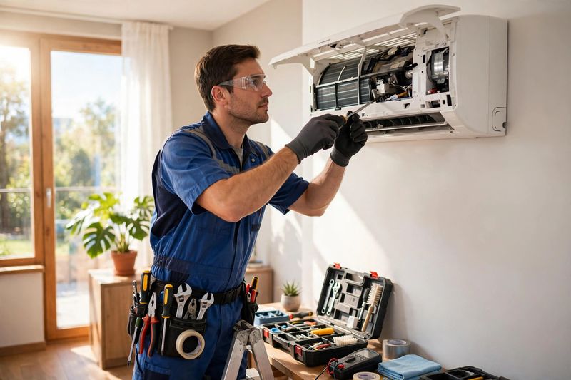 Technician servicing an air conditioner in daylight