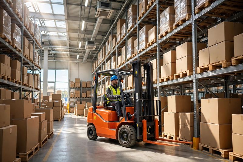Worker driving a forklift in a bright modern warehouse